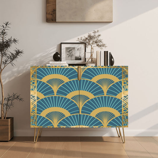 Golden Gilded Teal Art Deco Fan Pattern Modern Wooden Storage Cabinet - Splash of Color Co.