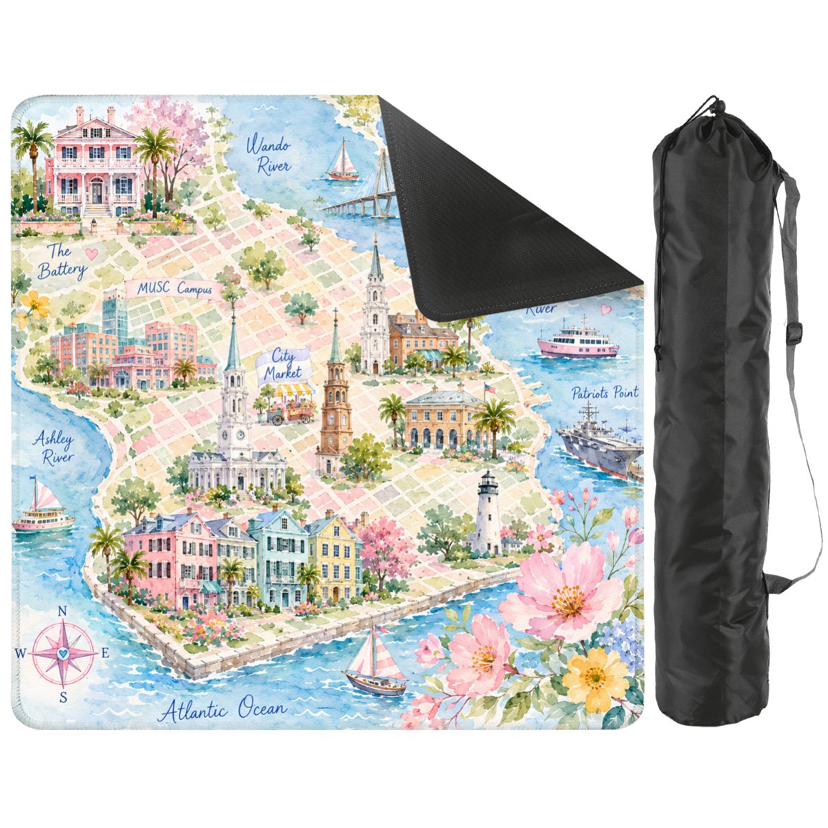 Charleston South Carolina Map And Landmarks Watercolor Pastel Mahjong Mat