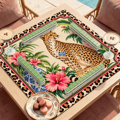 Wild Side Leopard Print Chinoiserie Mahjong Mat Sleek Surface - Splash Of Mahj And Color Co.