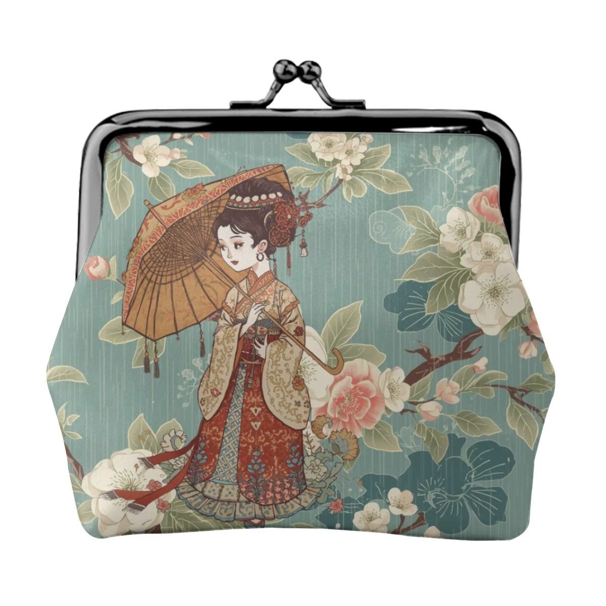 Geisha Girl Asian Floral Women's Leather Kiss Lock Coin Purse - Splash of Color Co.