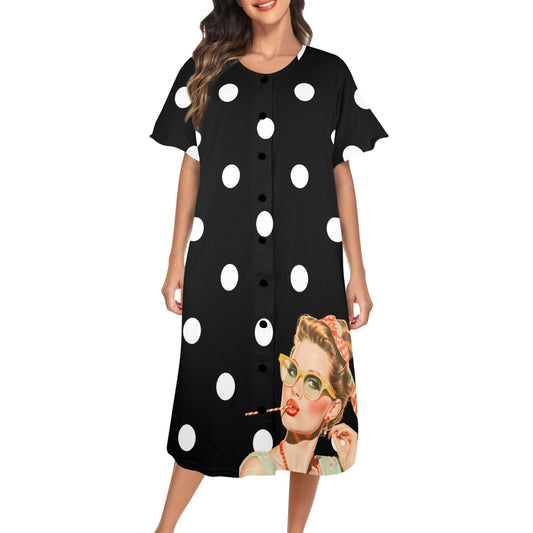 Sassy Gal Black White Polka Dot Comfy Muumuu Dress