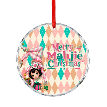 Merry Mahjie Christmas Flipping For Mahjong Harlequin Designed Round Glass Christmas Ornament