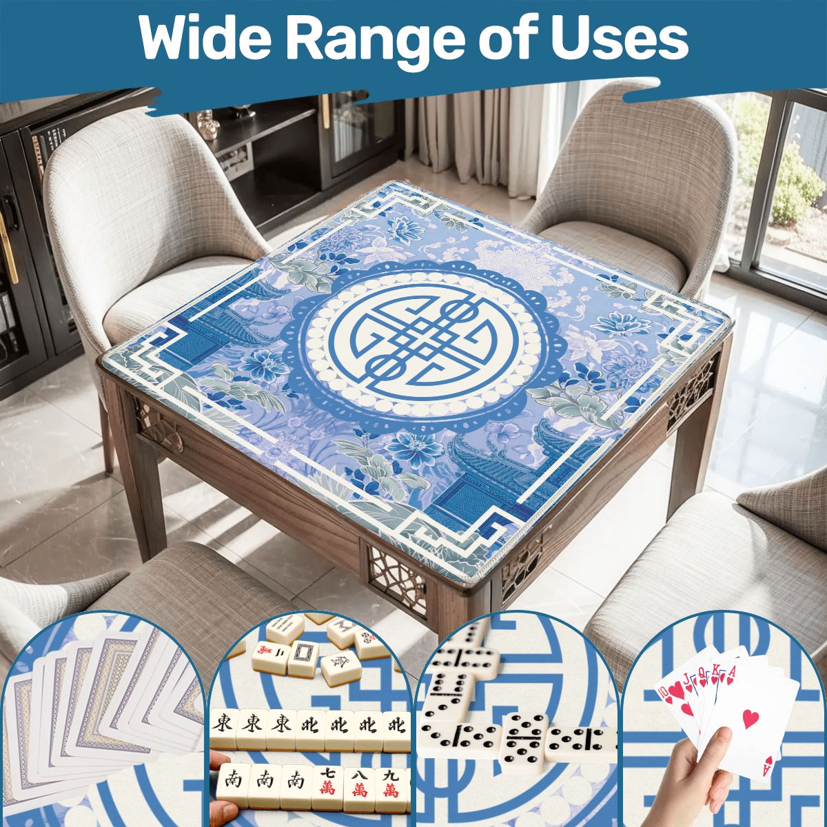 Asian Blue Chinoiserie Mahjong in the Moon Garden Mahjong Mat - Splash of Color Co.