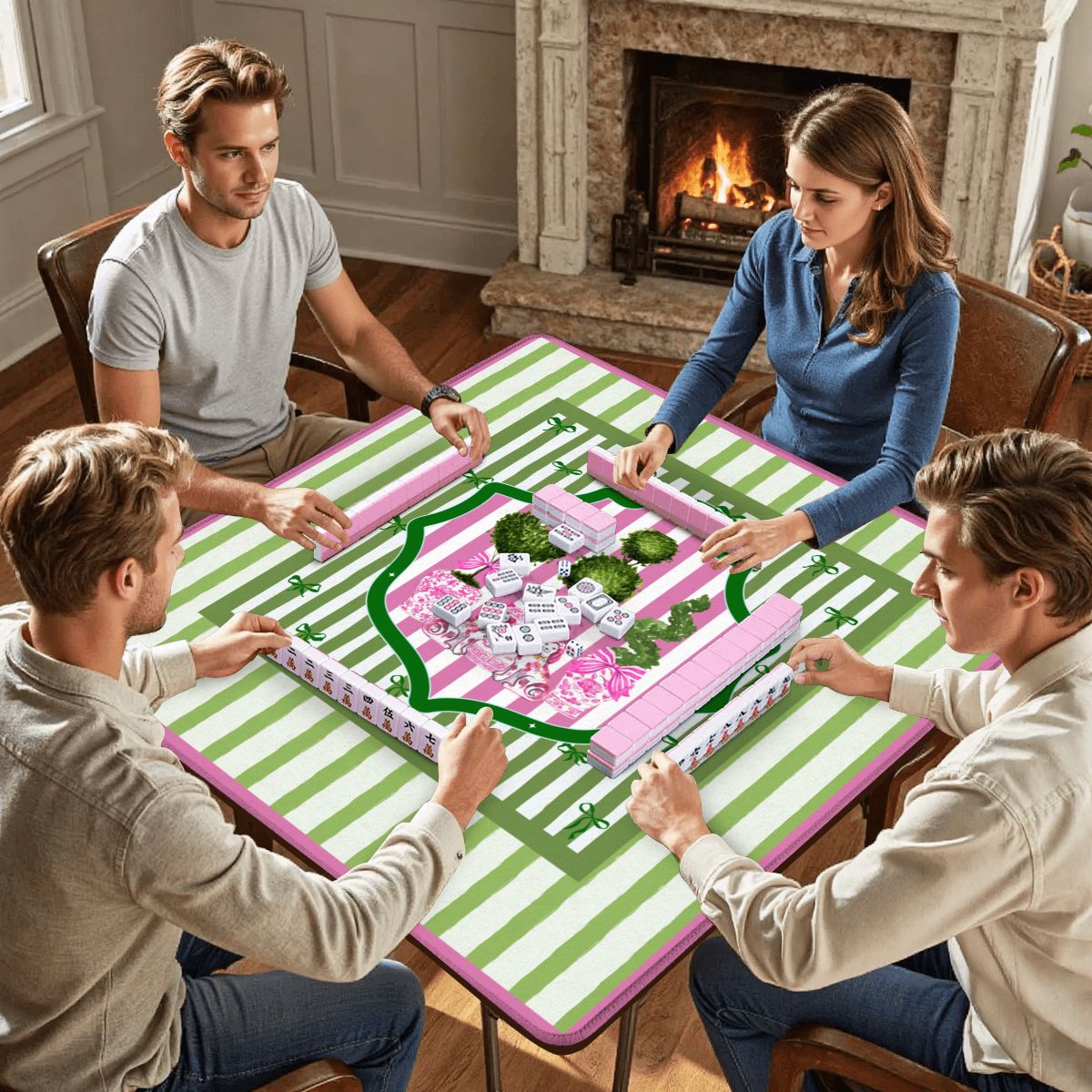 Preppy Staffordshire Chinoiserie Green And Pink Mahjong Mat - Splash of Color Co.
