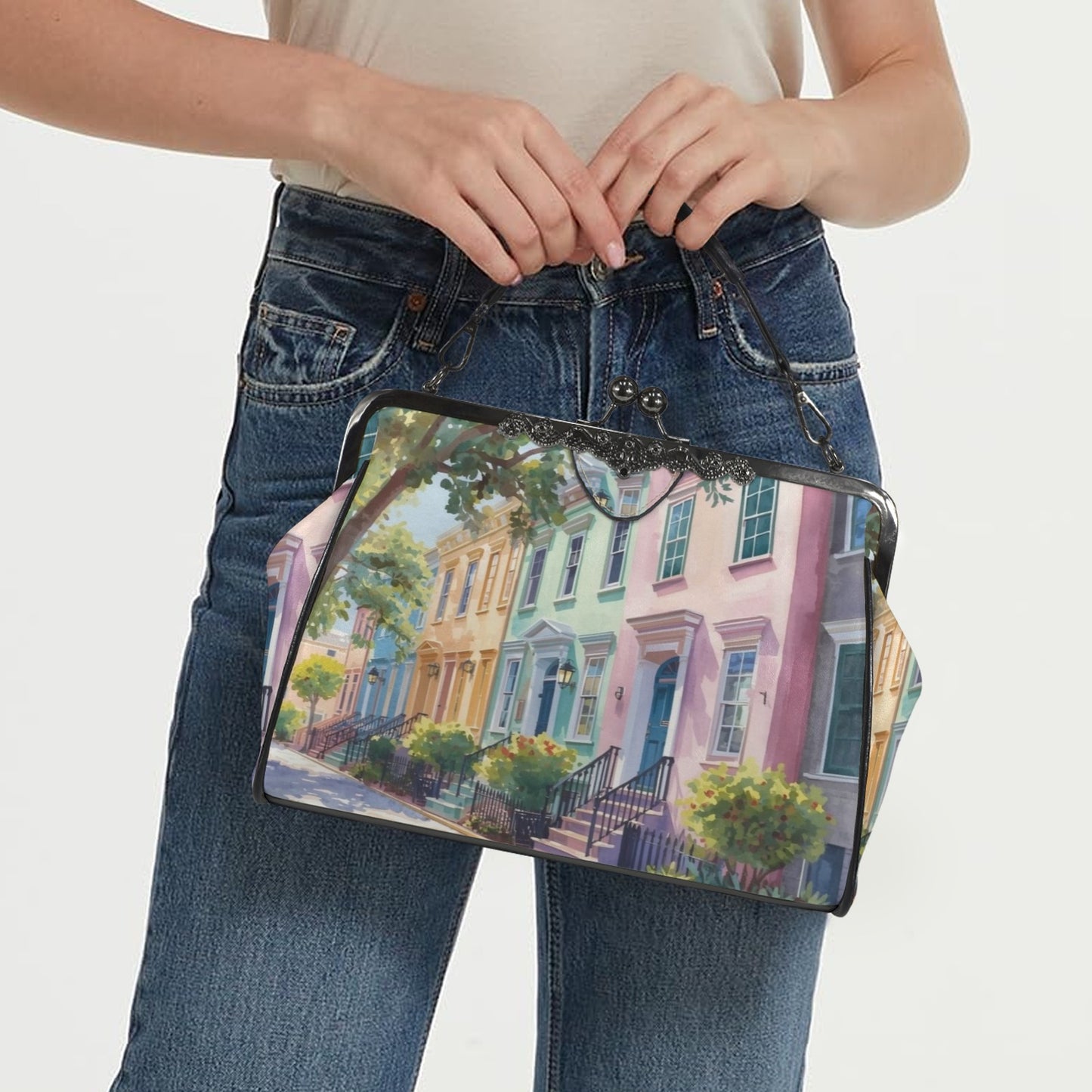 Charleston South Carolina Rainbow Row Preppy Vintage Kisslock Handbag/Shoulder Bag - Splash of Color Co.