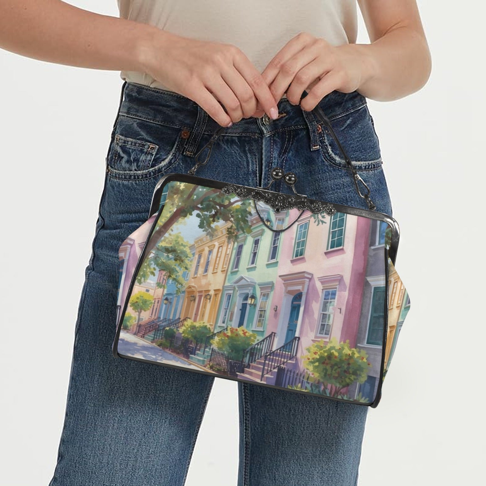 Charleston South Carolina Rainbow Row Preppy Vintage Kisslock Handbag/Shoulder Bag - Splash of Color Co.