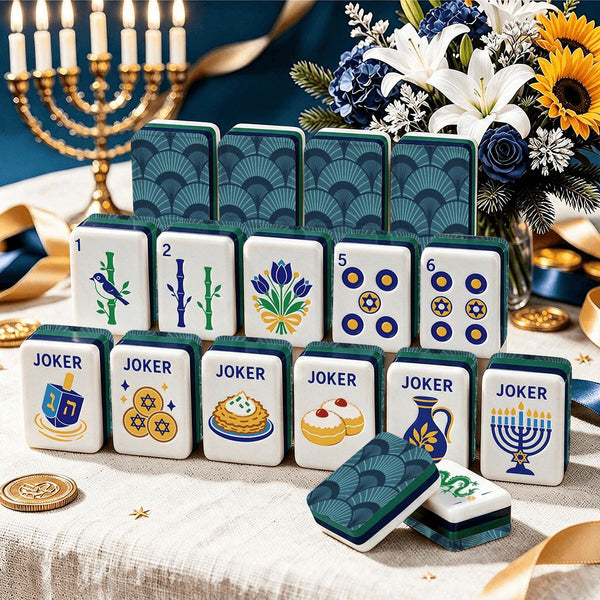 Art Deco Tealish Blue Hanukkah Mahjong Tiles And Carry Case - Splash Of Mahj And Color Co.