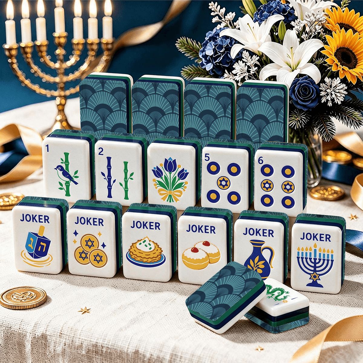 Art Deco Tealish Blue Hanukkah Mahjong Tiles And Carry Case - Splash Of Mahj And Color Co.