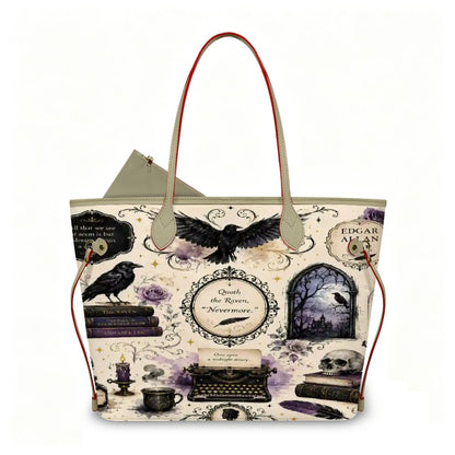 Edgar Alle Poe Literature Lover Vegan Leather Tote Bag with Mini Pouch