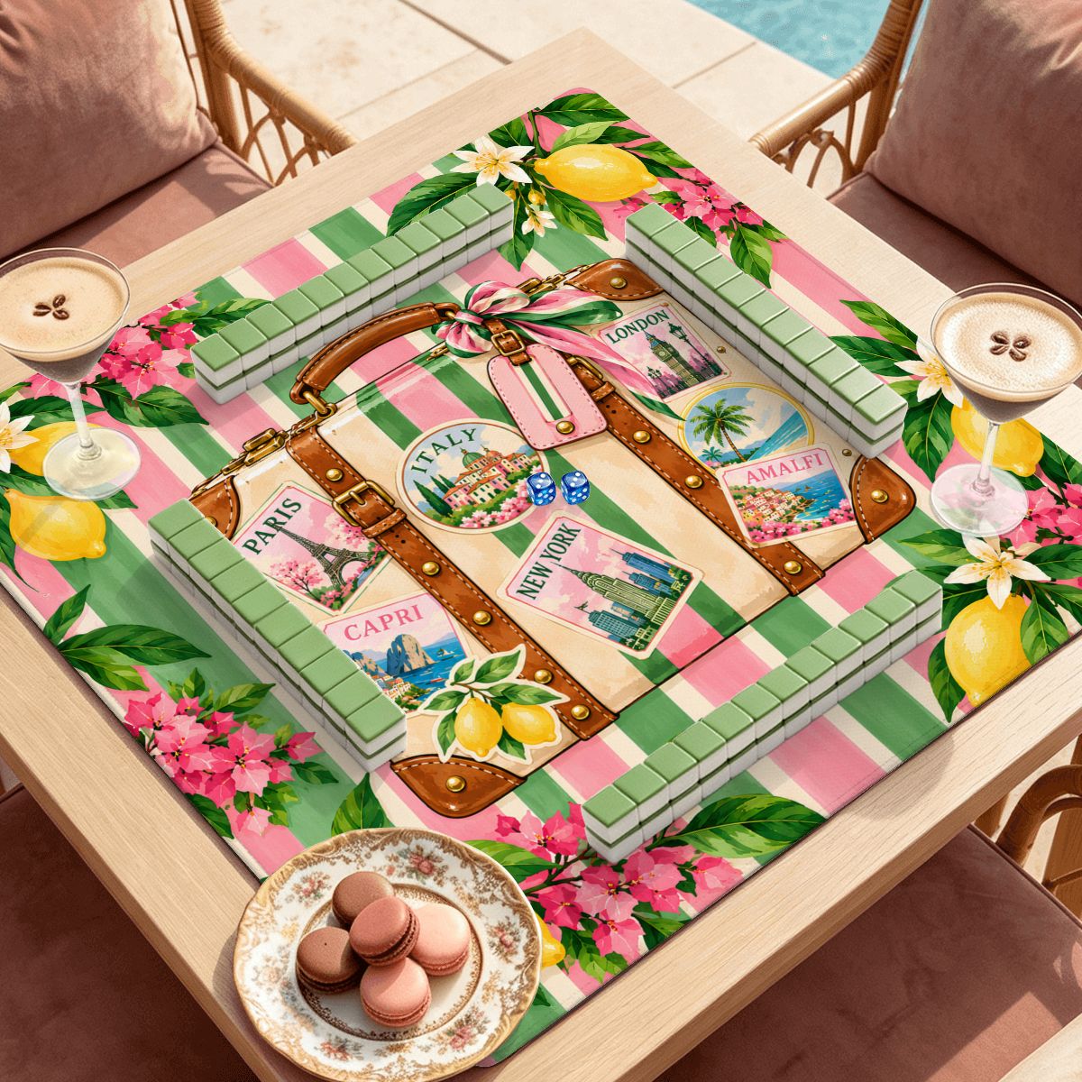 Preppy Green And Pink World Traveler Mahjong Mat Sleek Surface - Splash Of Mahj And Color Co.