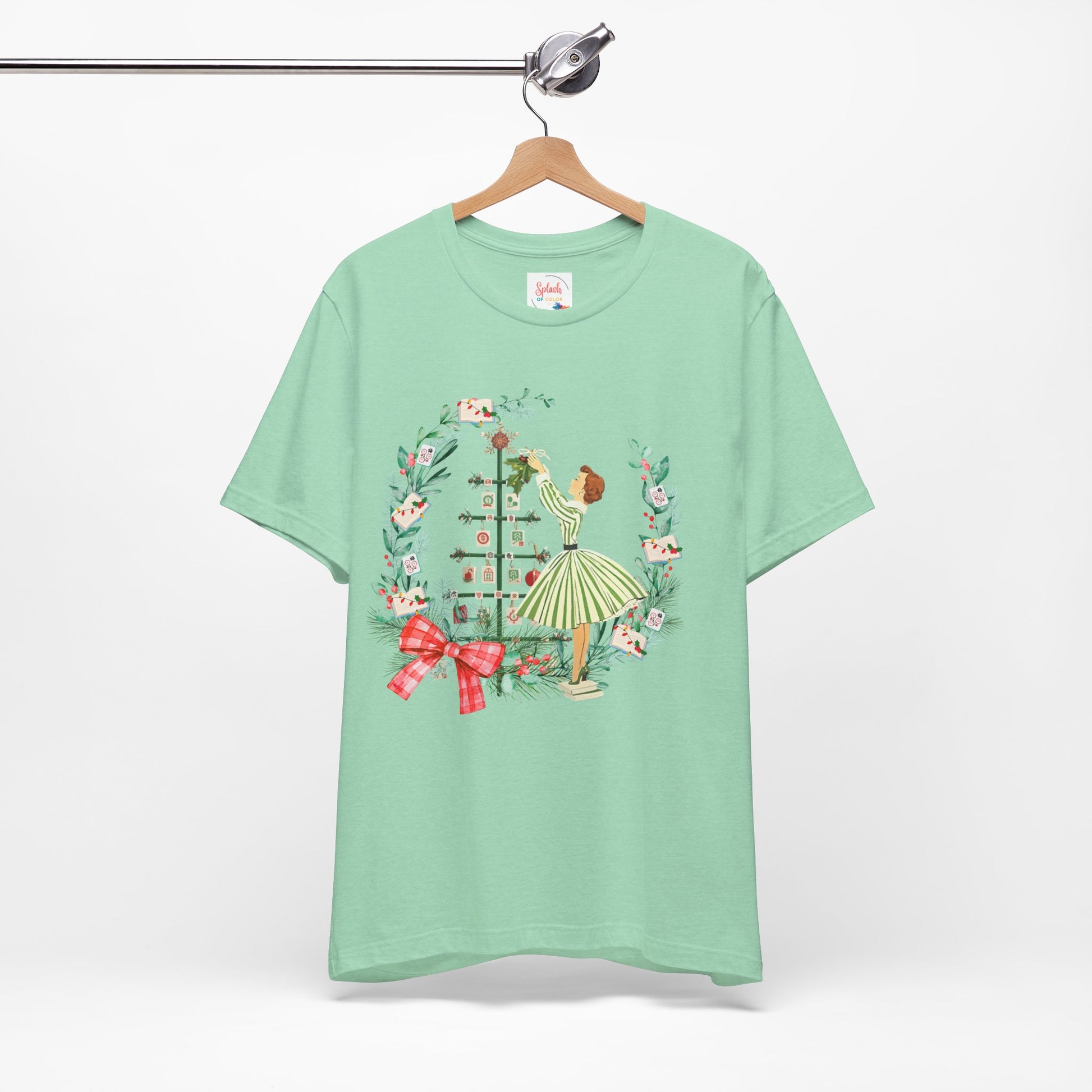 Mahjong Christmas Tee,Vintage Girl, Book Lover, Festive Mahj Gift - Splash of Color Co.
