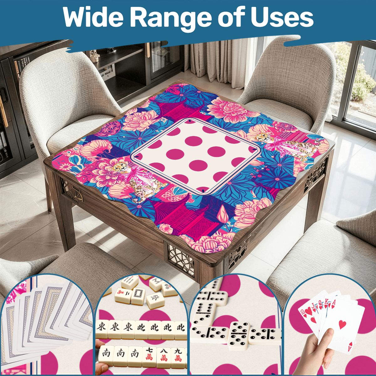 Scalloped Mahjong Mat Cheetah Dynasty Pink Pagoda - Splash of Color Co.