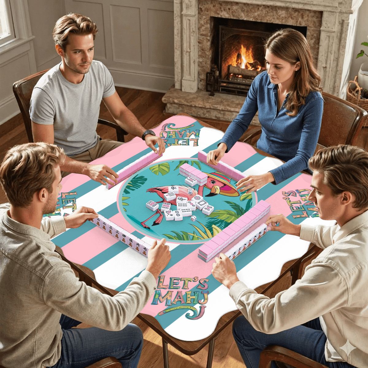 Let's Mahj Tropical Flaminog Pink And White Striped Scalloped Mahjong Mat - Splash of Color Co.