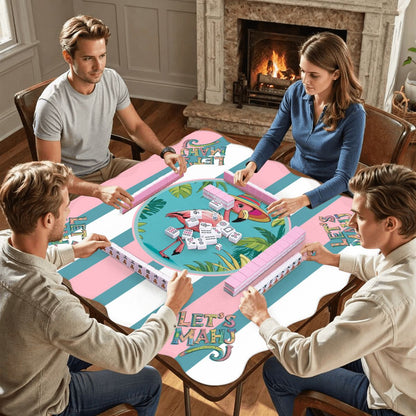 Let's Mahj Tropical Flaminog Pink And White Striped Scalloped Mahjong Mat - Splash of Color Co.