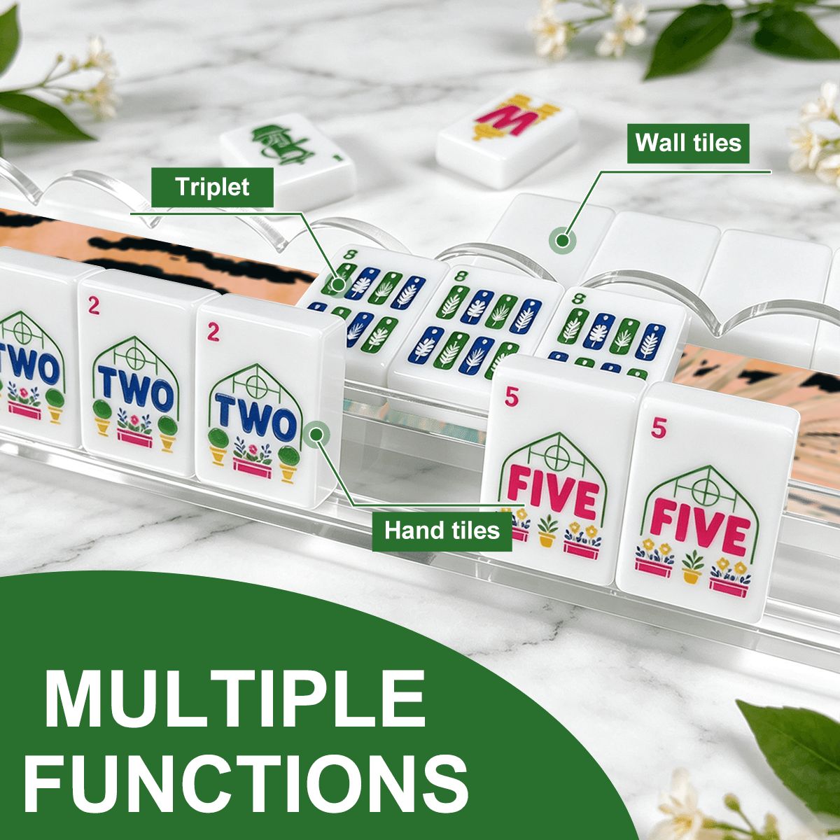Floral Jungle Love Extended Mahjong Rack Set of 4 Scalloped Magnetic Tile Pusher 20' - Splash Of Mahj And Color Co.