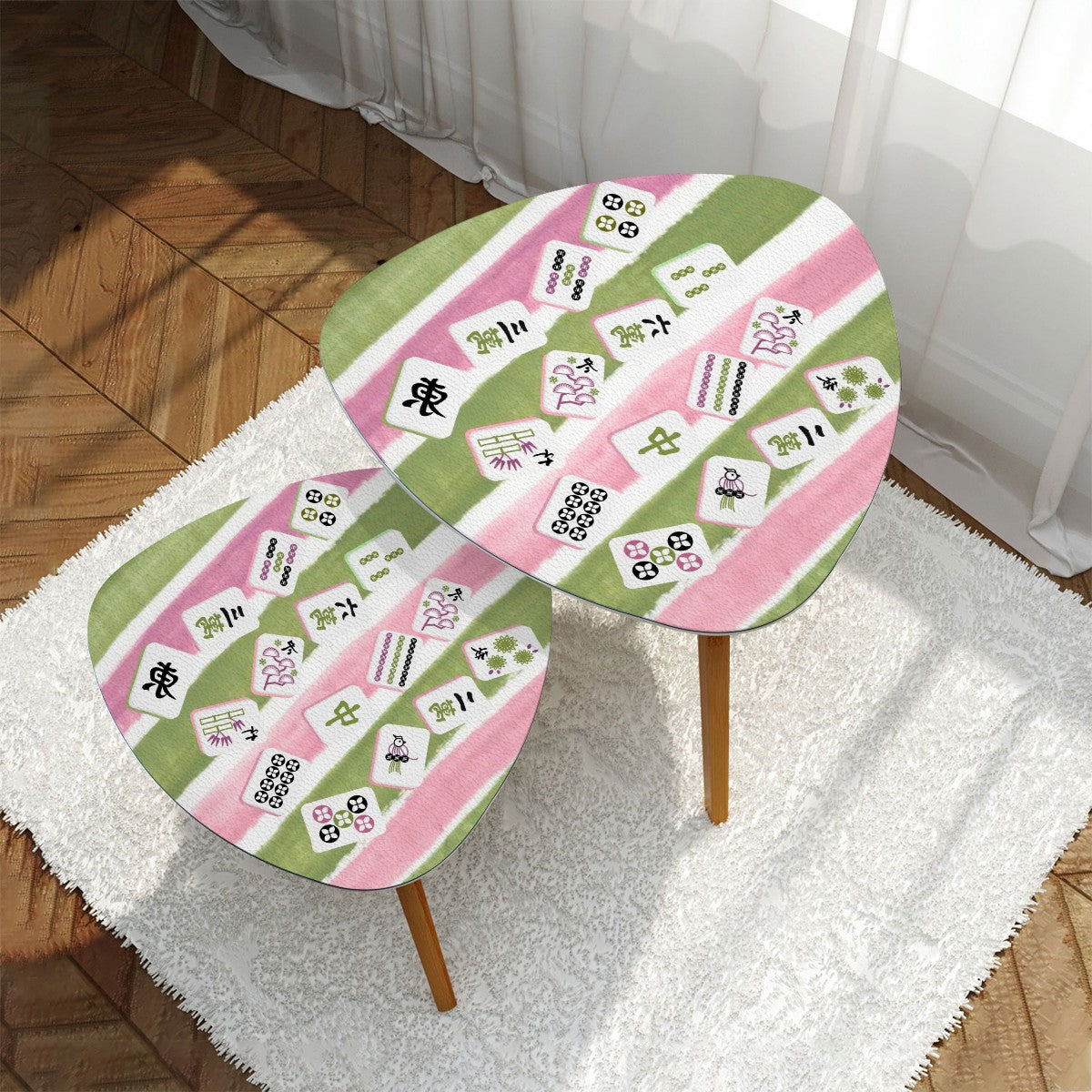 Mahjong Tile Designed Pink Green Watercolor Striped ModernTriangle Coffee Table Set of 2
