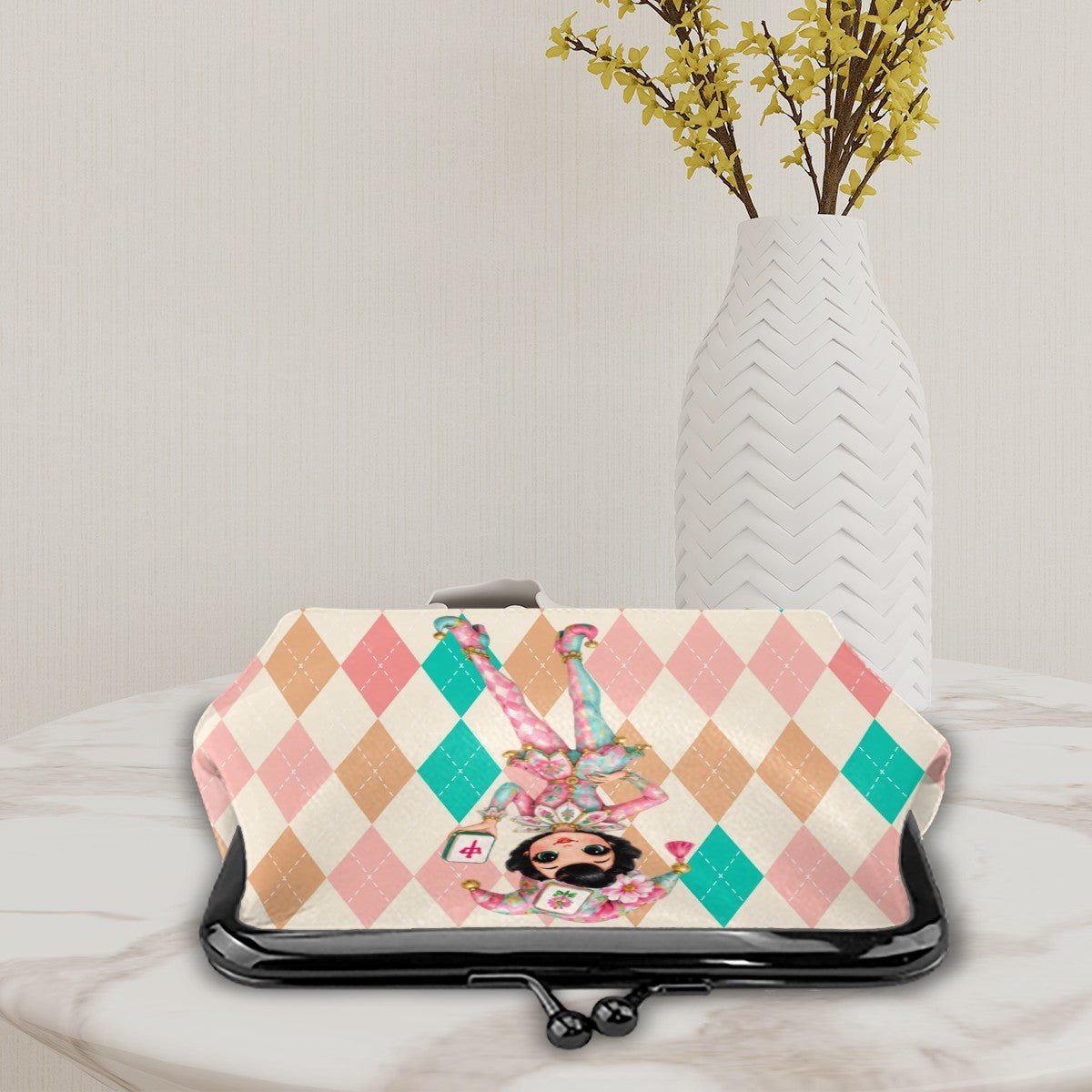 Mahjie The Mascot Harlequin Designed Whimsy Women's Leather Kiss Lock Coin Purse - Splash Of Mahj And Color Co.