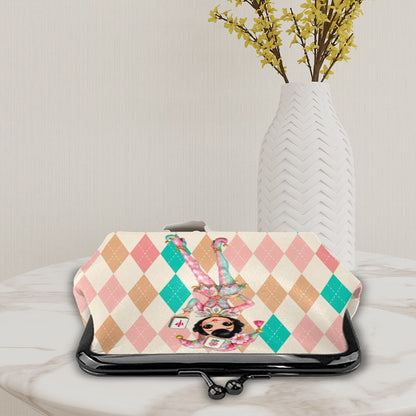 Mahjie The Mascot Harlequin Designed Whimsy Women's Leather Kiss Lock Coin Purse - Splash Of Mahj And Color Co.