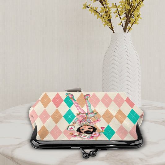 Mahjie The Mascot Harlequin Designed Whimsy Women's Leather Kiss Lock Coin Purse - Splash Of Mahj And Color Co.