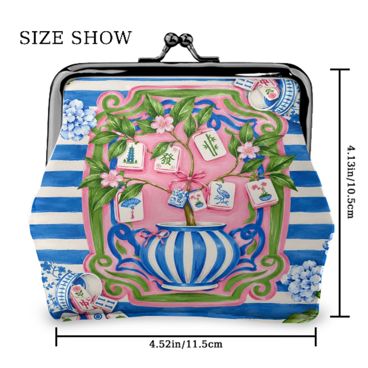 Preppy Chinoiserie Pink And Blue Women's Leather Kiss Lock Coin Purse