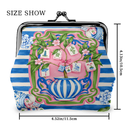 Preppy Chinoiserie Pink And Blue Women's Leather Kiss Lock Coin Purse