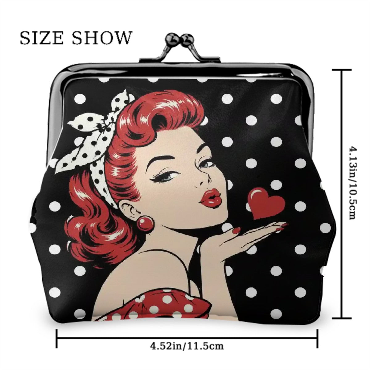 50s Modcentric Sassy Red Head Polka Dotted Women's Leather Kiss Lock Coin Purse