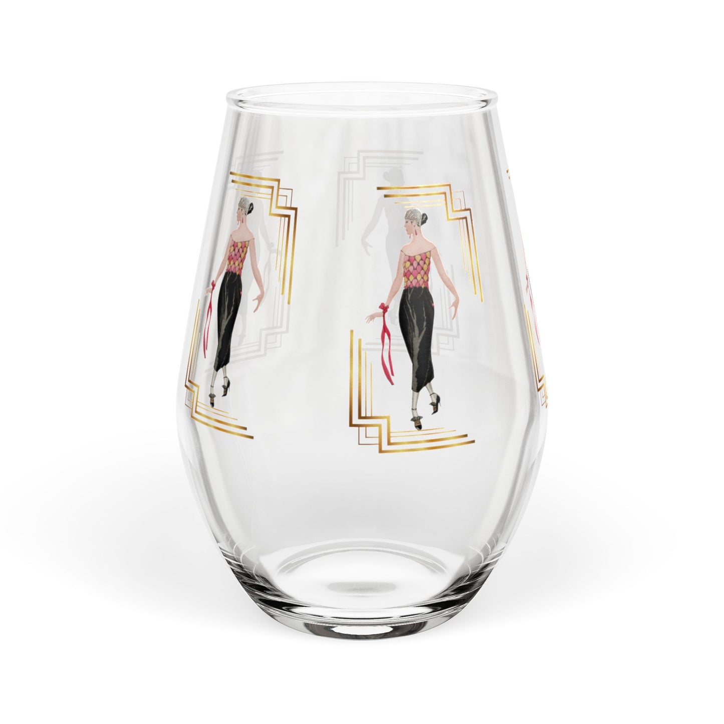 Art Deco Fashion Stemless Wine Glass - Elegant Lady Design - Splash of Color Co.