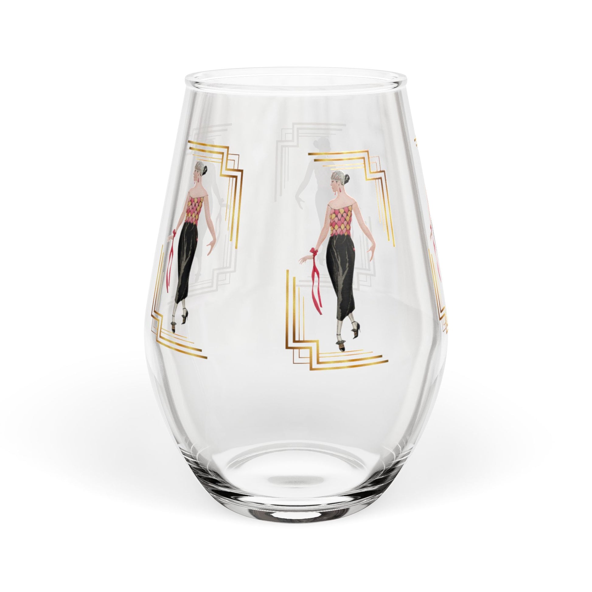 Art Deco Fashion Stemless Wine Glass - Elegant Lady Design - Splash of Color Co.
