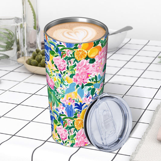 Sunny Citrus Chinoiserie Preppy Stainless Steel Insulated Tumblers with Lid & Straw (20oz) - Splash Of Mahj And Color Co.
