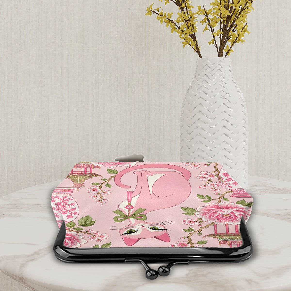 Pink Pagoda Peony Purr Women's Leather Kiss Lock Coin Purse