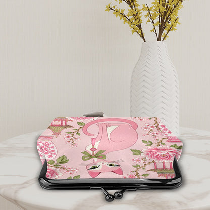 Pink Pagoda Peony Purr Women's Leather Kiss Lock Coin Purse