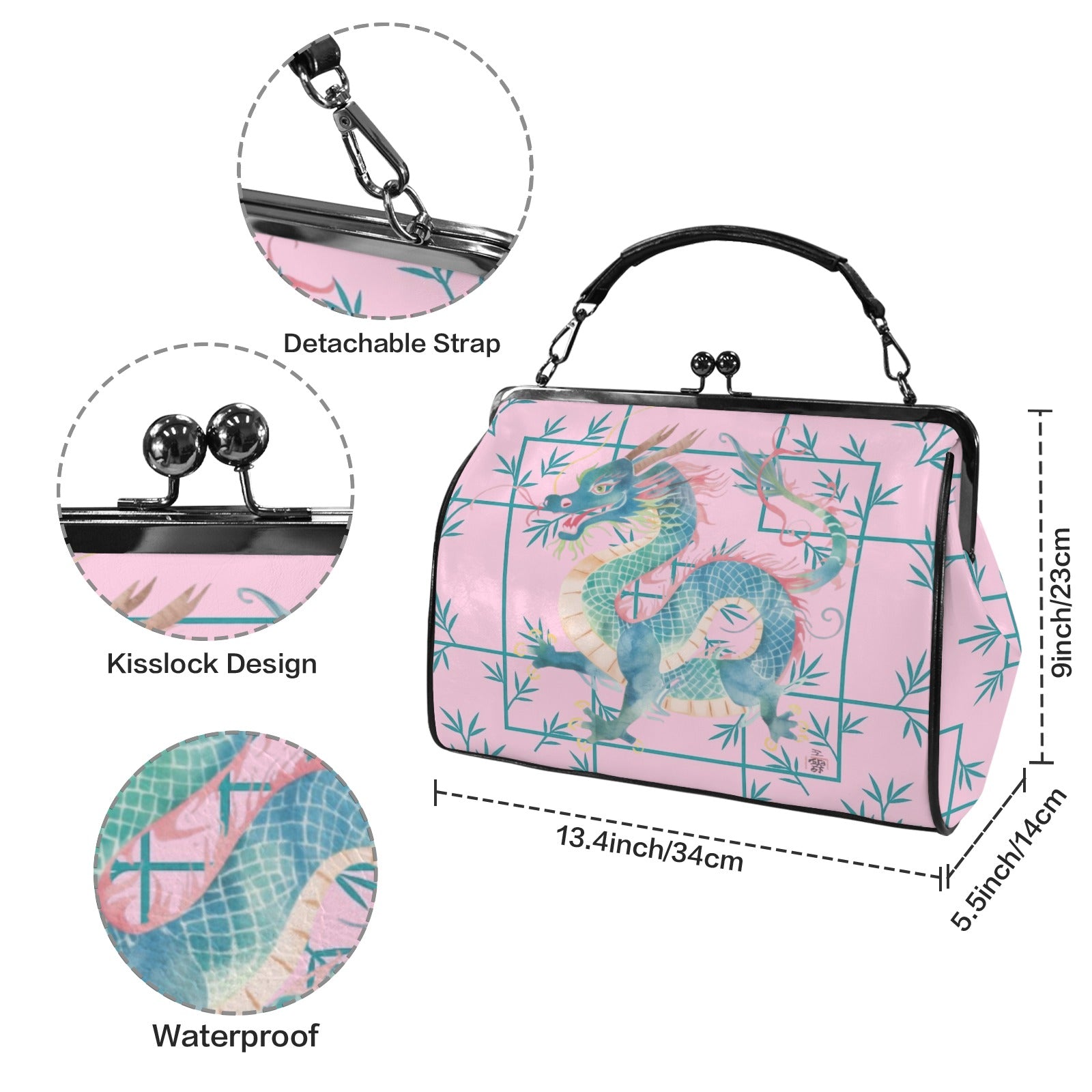 Hot Pink Watercolor Dragon Preppy Kisslock Handbag, Shoulder Bag Kisslock Crossbody Shoulder Bag - Splash of Color Co.