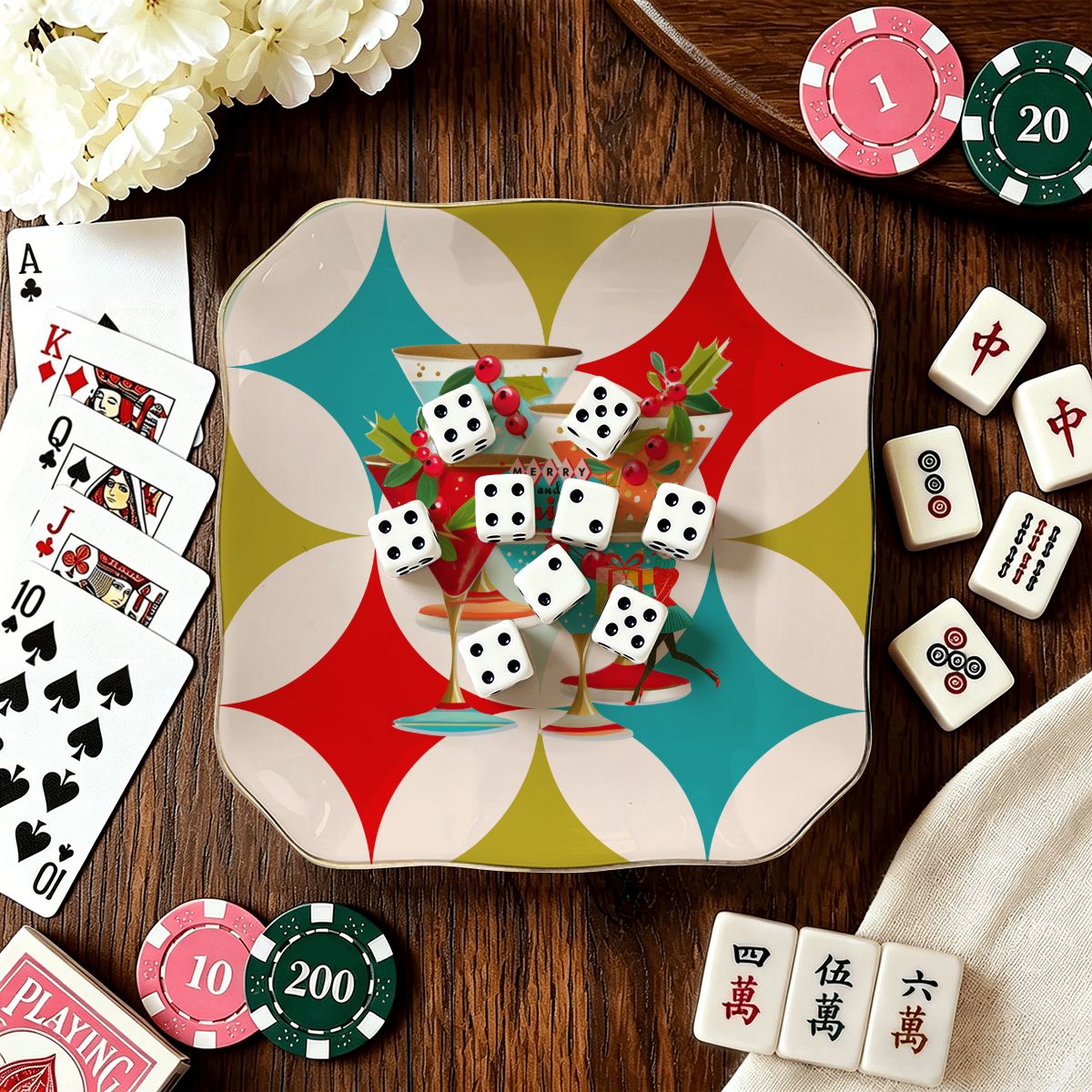 Holiday Modernist Cocktail Hour Scalloped Ceramic Mahjong Dice Tray