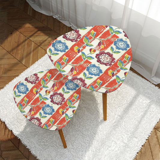 Vintage Floral Heritage Coral Blue Modern Nesting Tables Triangle Coffee Table Set of 2