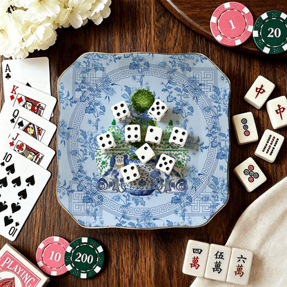 Staffordshire Chinoiserie Dogs Blue And Green Scalloped Ceramic Mahjong Dice Tray