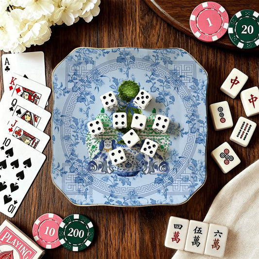 Staffordshire Chinoiserie Dogs Blue And Green Scalloped Ceramic Mahjong Dice Tray - Splash Of Mahj And Color Co.