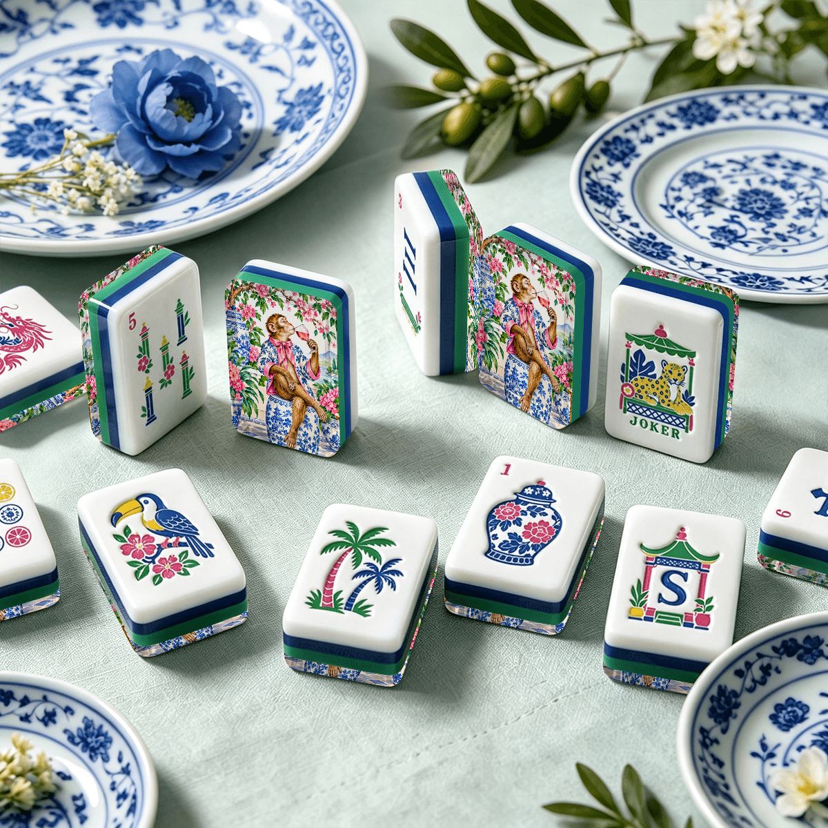 Garden Party Gone Wild Monkey Chinoiserie Chic American Mahjong Tiles And Carry Case