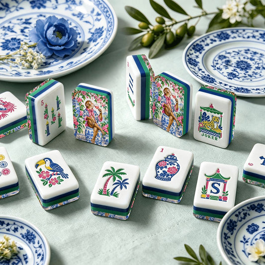 Garden Party Gone Wild Monkey Chinoiserie Chic American Mahjong Tiles And Carry Case - Splash Of Mahj And Color Co.