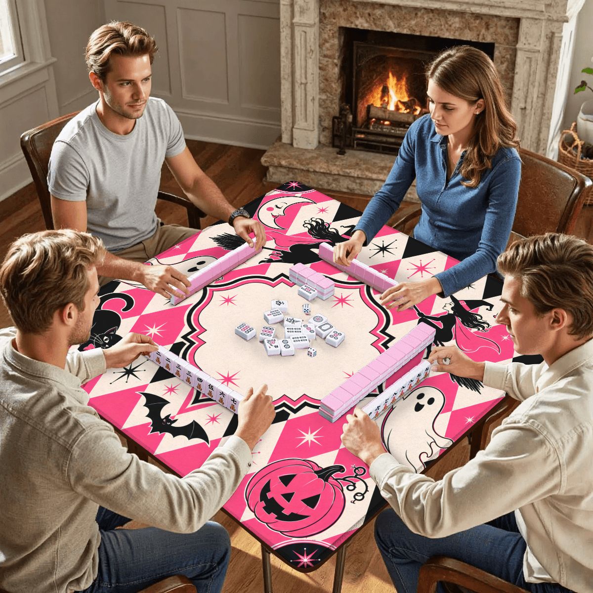 Harlequin Halloween Pink Witches, Ghosts Seasonal Custom Mahjong Mat - Splash Of Mahj And Color Co.