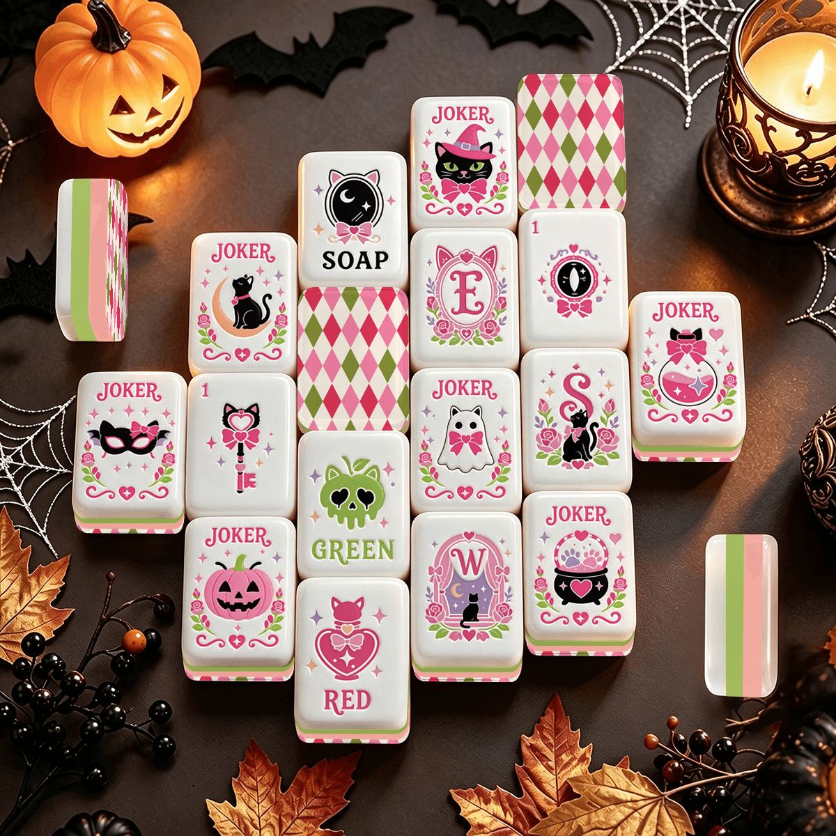 Harlequin Halloween Hot Pink, Green Witch's Familiar Engraved Layered Halloween Mahjong Tiles