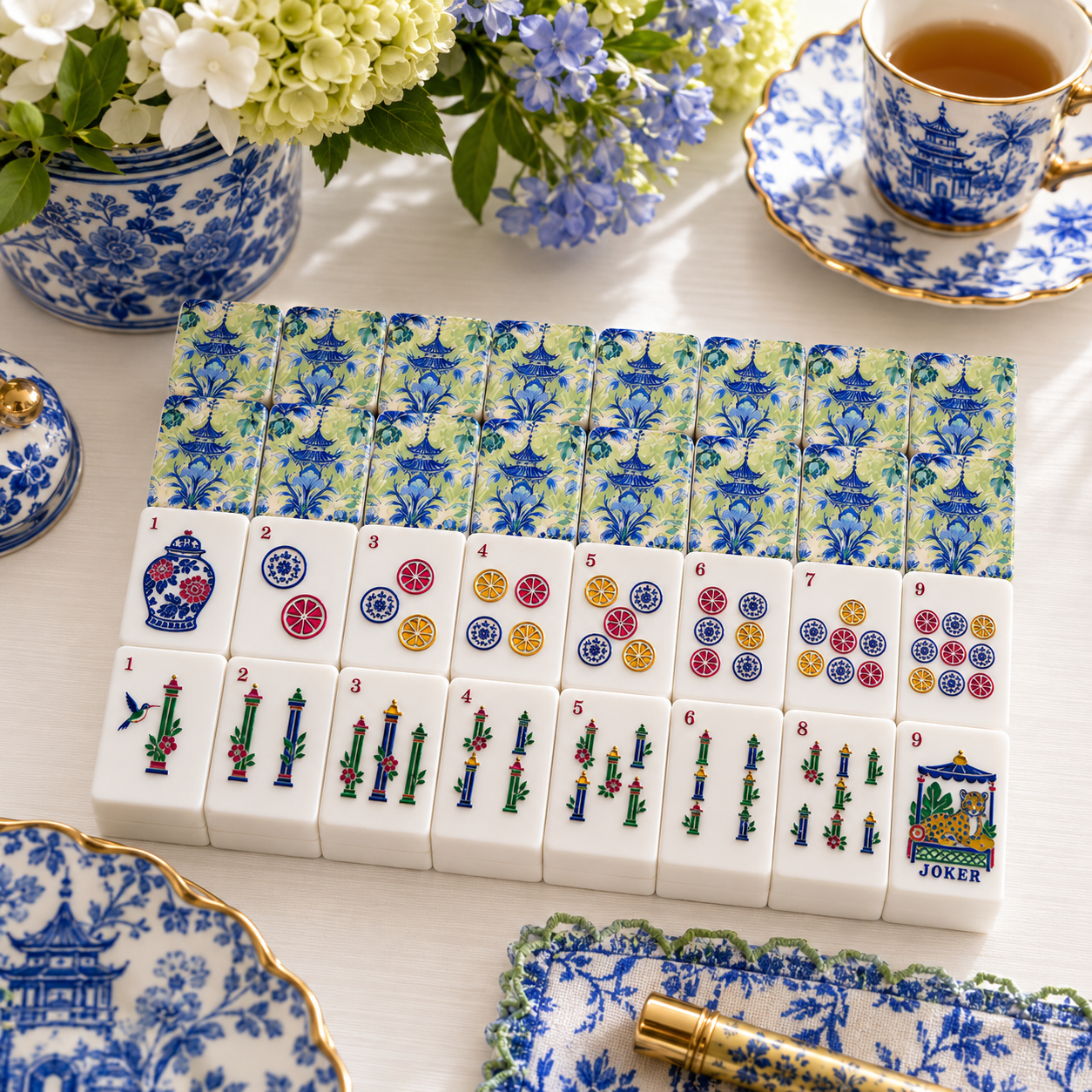 Asian Pagoda Green Blue Watercolor American Mahjong Pastel Chinoiserie Tiles And Carry Case