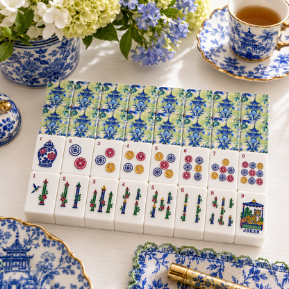 Asian Pagoda Green Blue Watercolor American Mahjong Pastel Chinoiserie Tiles And Carry Case
