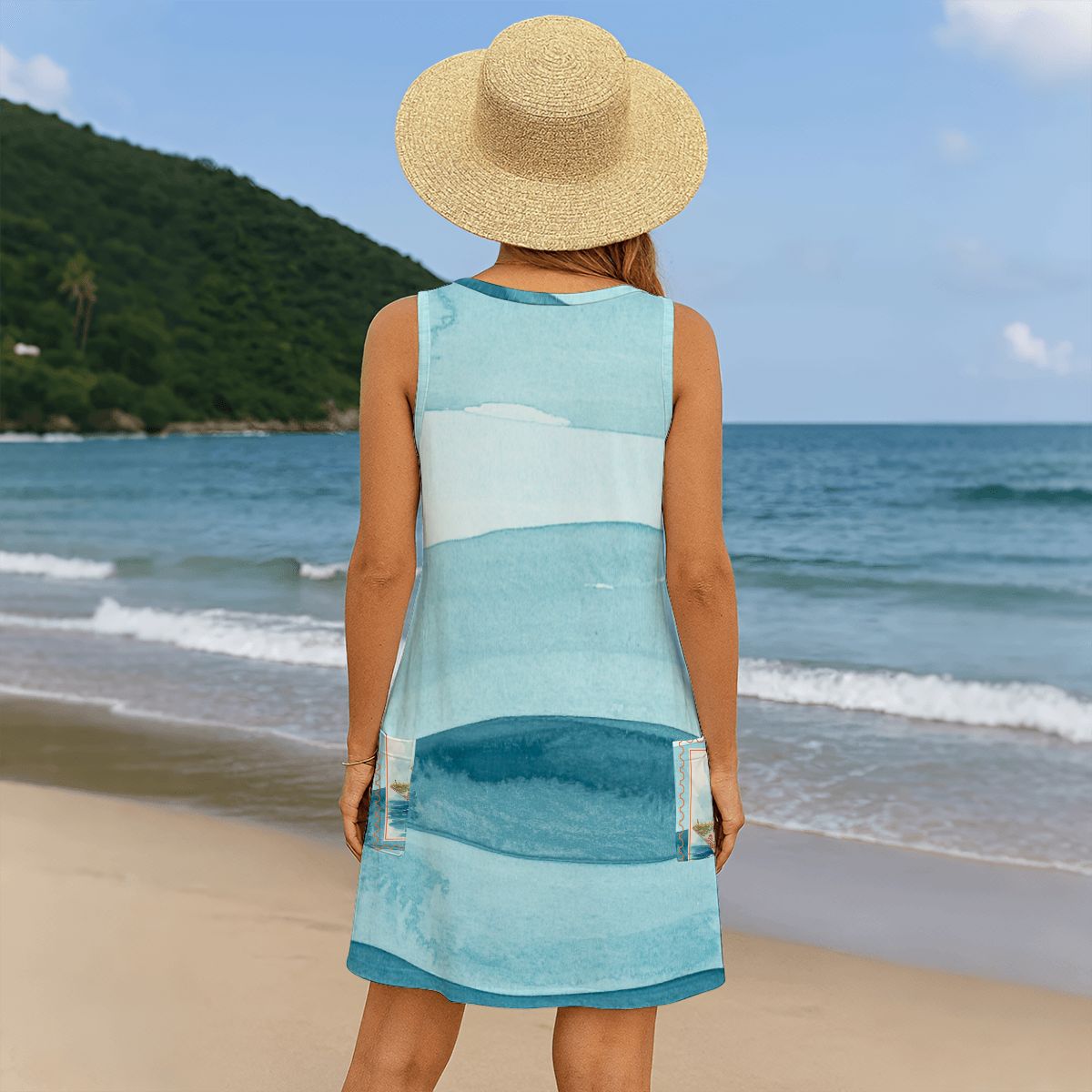 Mahjong Cruise Blue Wave Women's Sleeveless Dress with Pockets - Splash of Color Co.