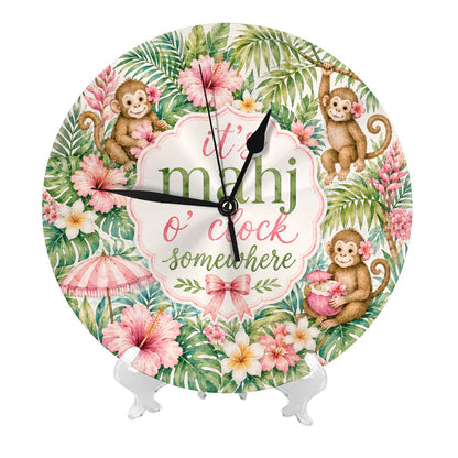 Floral Tropical Monkey It's Mahj O'Clock Somewhere Wall Or Desk Clock Includes Stand