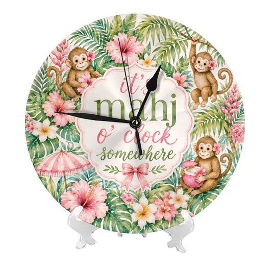 Floral Tropical Monkey It's Mahj O'Clock Somewhere Wall Or Desk Clock Includes Stand - Splash Of Mahj And Color Co.
