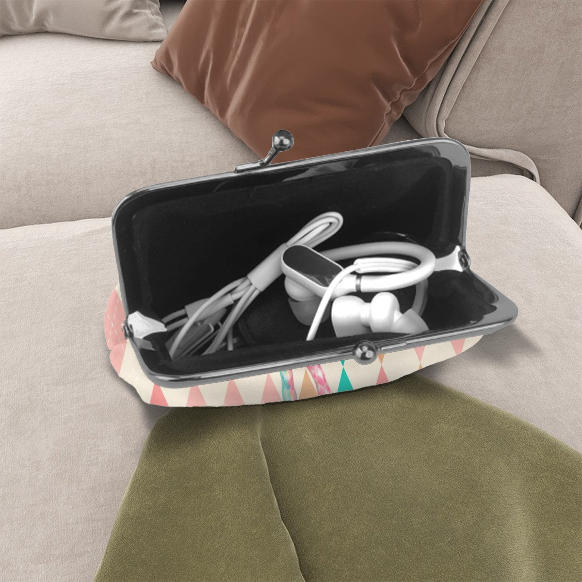 Mahjie The Mascot Harlequin Designed Whimsy Women's Leather Kiss Lock Coin Purse - Splash Of Mahj And Color Co.