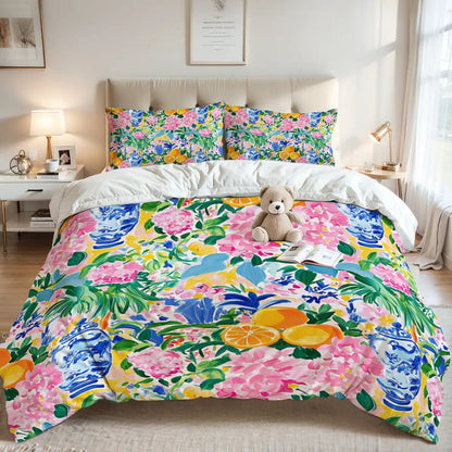 Preppy Pastel Asian Chinoiserie Flora Queen Duvet Cover Set - Splash of Color Co.