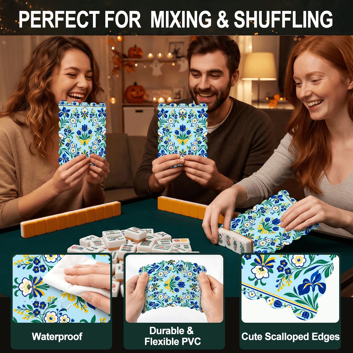 Shalom Garden Blue And Green Scalloped Mahjong Shuffler Cards  Set of 4