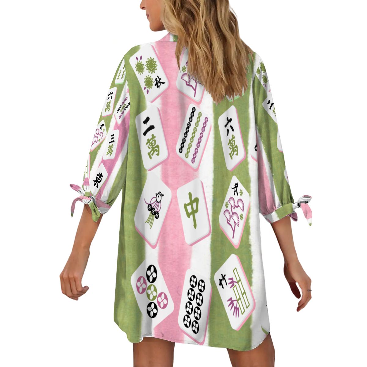 Mahjong Watercolor Tiles, Boho Women's Cardigan Shirt Three - Quarter Sleeve - Splash of Color Co.