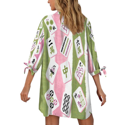 Mahjong Watercolor Tiles, Boho Women's Cardigan Shirt Three - Quarter Sleeve - Splash of Color Co.